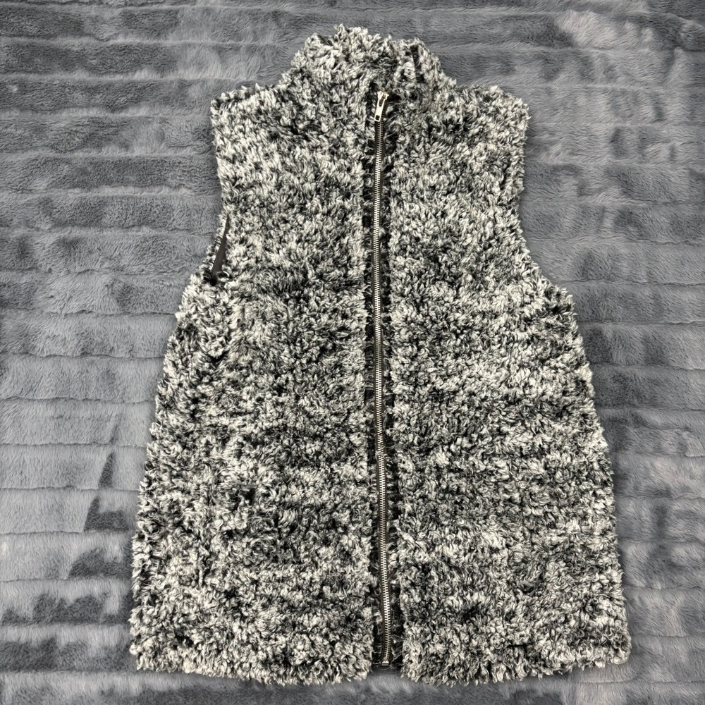 Moa Moa Womens Black White Fuzzy Sherpa Full Zip Vest Small IJA337CSHER